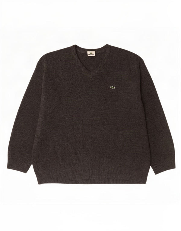 Lacoste Mens V-Neck Jumper Sweater Size 6 XL Grey Virgin Wool