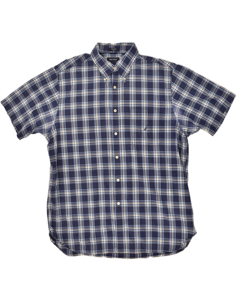 NAUTICA Mens Short Sleeve Shirt XL Navy Blue Check Cotton | Vintage Nautica | Thrift | Second-Hand Nautica | Used Clothing | Messina Hembry 