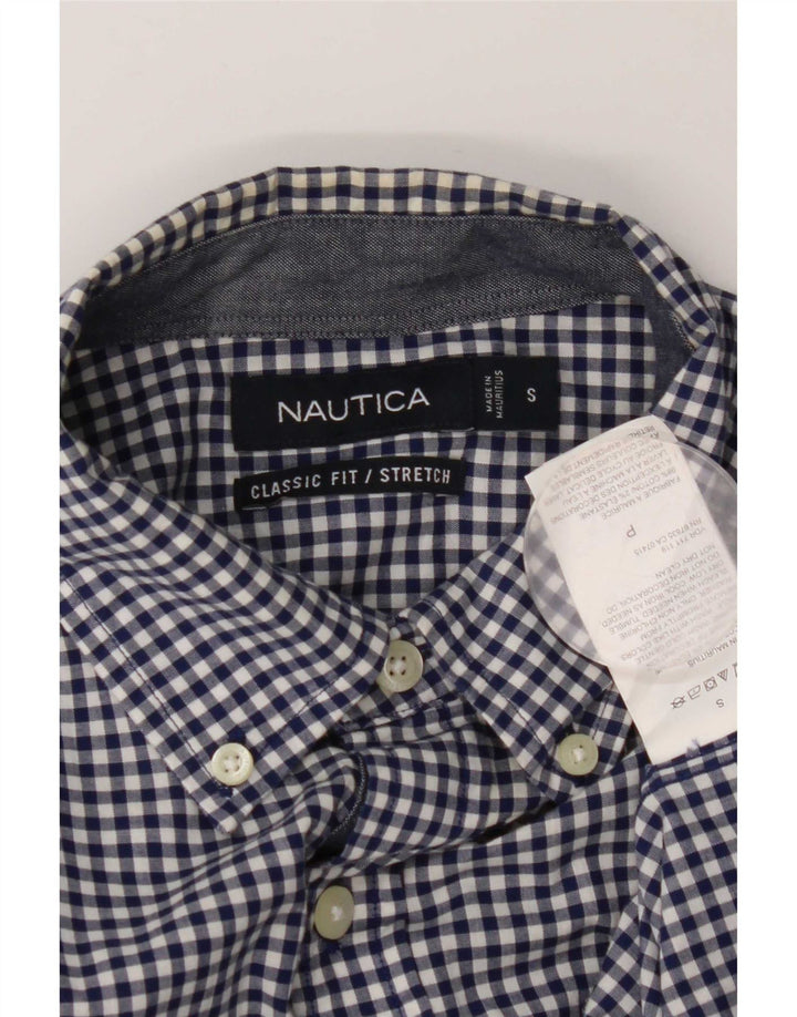 Nautica Mens Stretch Classic Fit Shirt Small Navy Blue Gingham Cotton