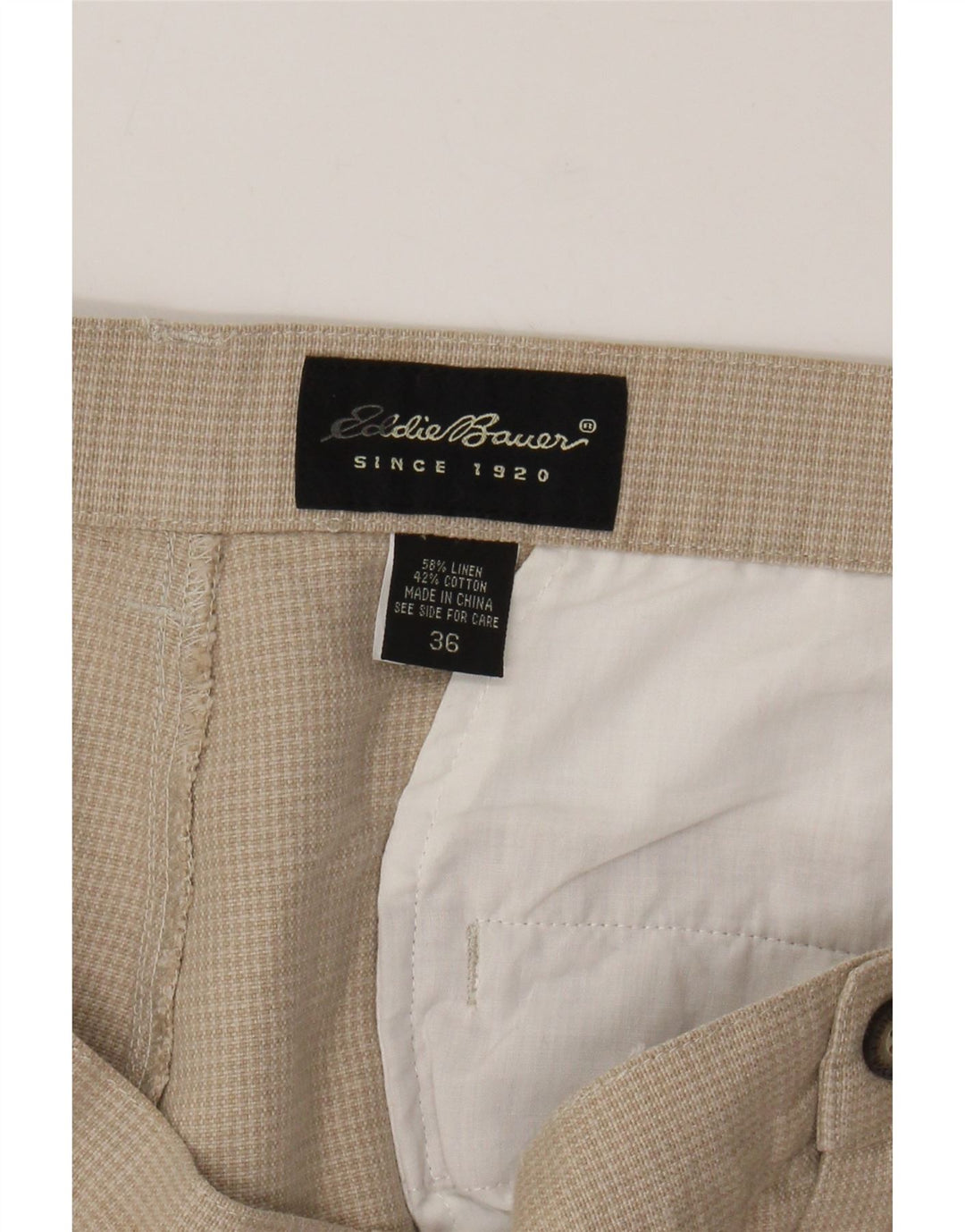 EDDIE BAUER Mens Pegged Chino Trousers W36 L30 Beige Houndstooth Linen