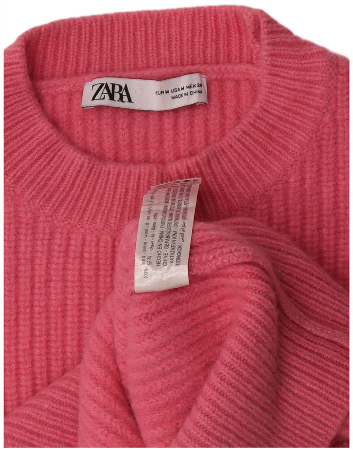 Zara Womens Crop Crew Neck Jumper Sweater UK 14 Medium Pink Wool