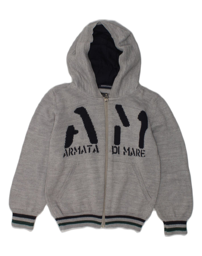 ARMATA DI MARE Boys Graphic Hooded Cardigan Sweater 5-6 Years Grey Acrylic | Vintage Armata Di Mare | Thrift | Second-Hand Armata Di Mare | Used Clothing | Messina Hembry 