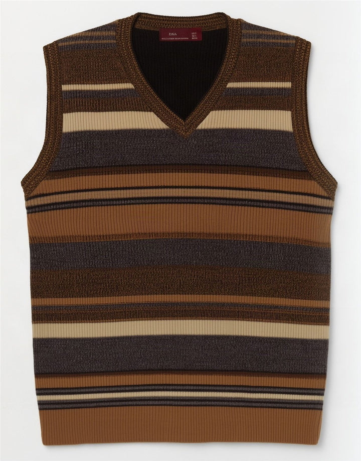 Zara Mens Vest Tank Top Large Brown Striped Acrylic