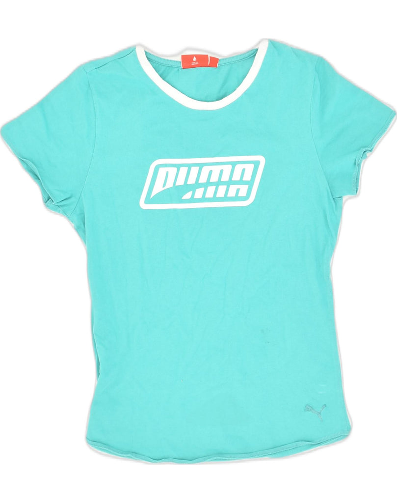 PUMA Womens Graphic T-Shirt Top UK 12 Medium Turquoise Cotton | Vintage Puma | Thrift | Second-Hand Puma | Used Clothing | Messina Hembry 