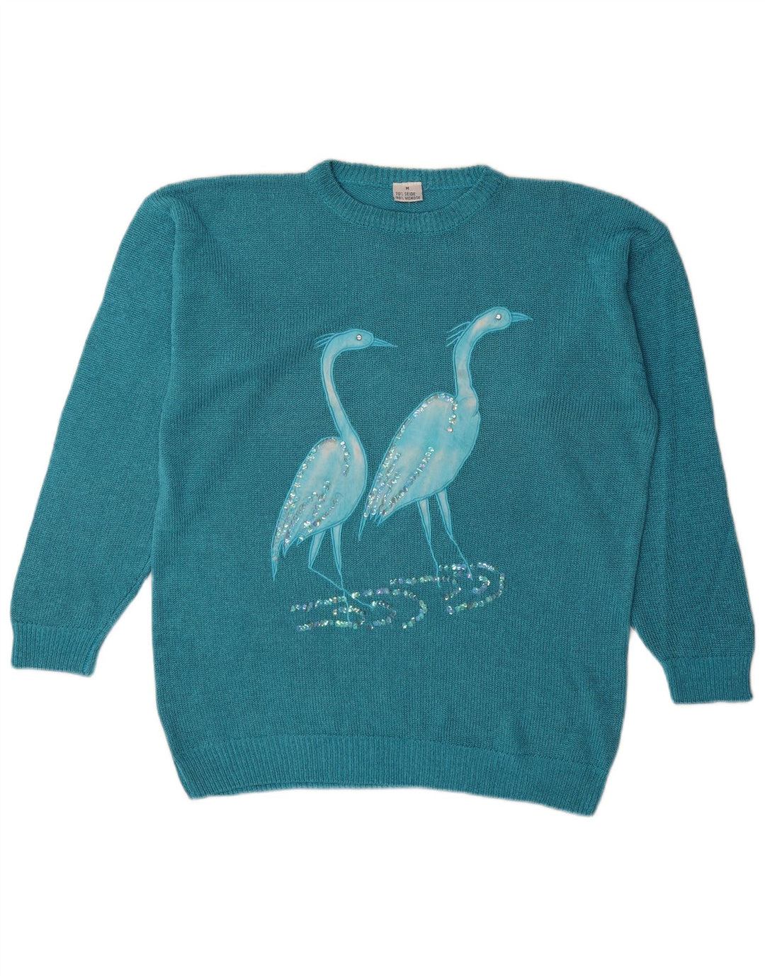 Vintage Womens Graphic Oversized Boat Neck Jumper Sweater UK 14 Medium Blue