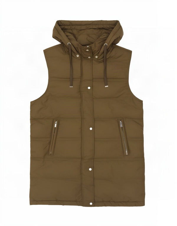 Zara Womens Longline Hooded Padded Gilet UK 14 Medium Khaki Polyester
