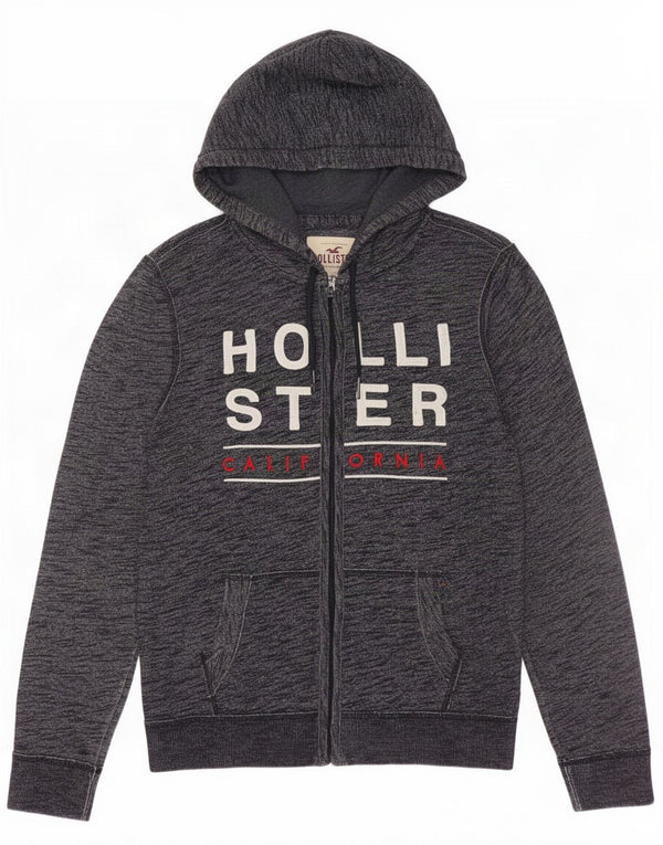 Hollister Mens Graphic Zip Hoodie Sweater Small Grey Flecked Cotton