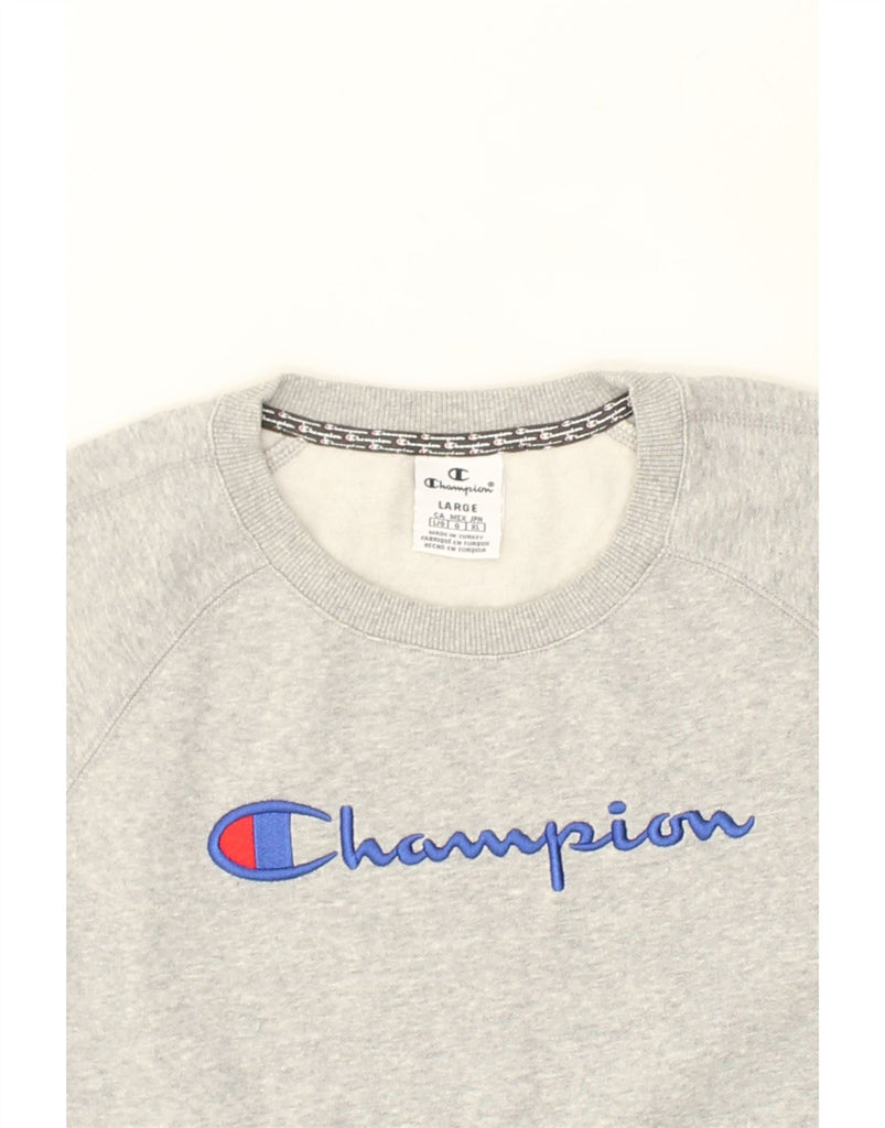 CHAMPION Mens Graphic Sweatshirt Jumper Large Grey Polyester | Vintage Champion | Thrift | Second-Hand Champion | Used Clothing | Messina Hembry 