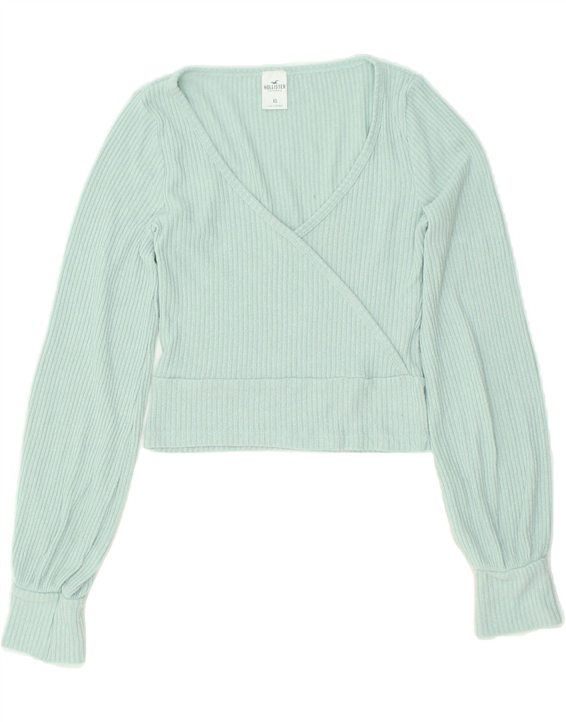 HOLLISTER Womens Crop V-Neck Jumper Sweater UK 6 XS Blue Viscose | Vintage Hollister | Thrift | Second-Hand Hollister | Used Clothing | Messina Hembry 