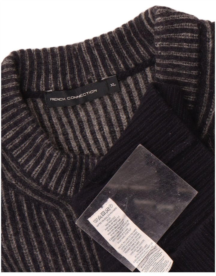 French Connection Mens Crew Neck Jumper Sweater XL Navy Blue Striped Wool