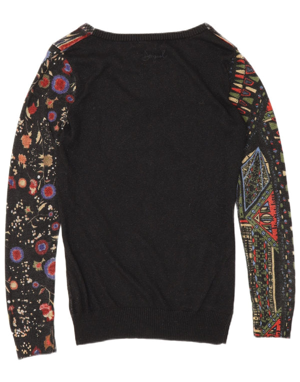 Desigual Womens Graphic V-Neck Jumper Sweater UK 10 Small Black Viscose