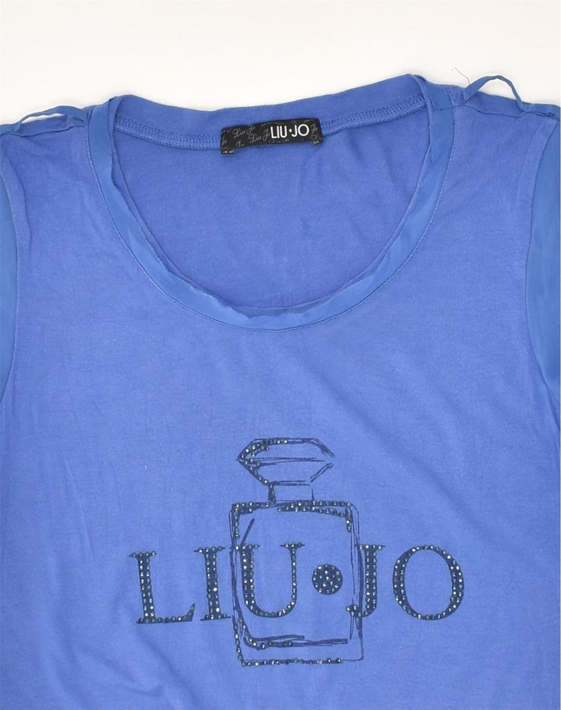 LIU JO Womens Graphic T-Shirt Top UK 8 Small Blue Cotton | Vintage Liu Jo | Thrift | Second-Hand Liu Jo | Used Clothing | Messina Hembry 