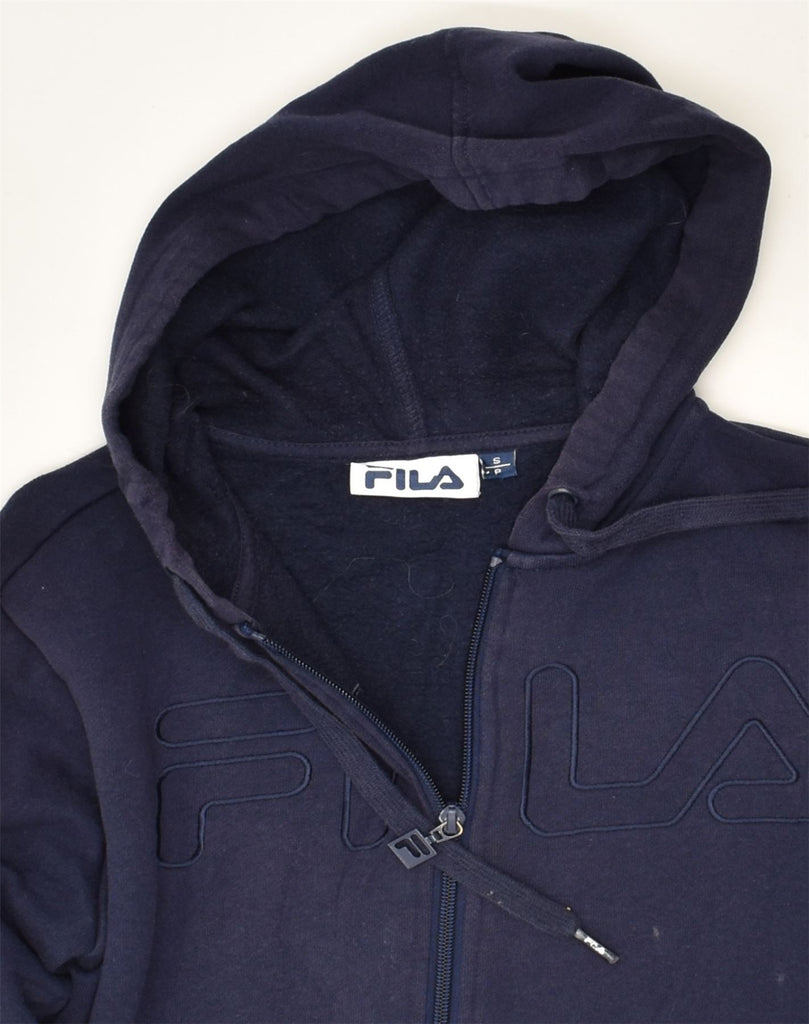 FILA Womens Graphic Zip Hoodie Sweater UK 10 Small Navy Blue Cotton | Vintage Fila | Thrift | Second-Hand Fila | Used Clothing | Messina Hembry 