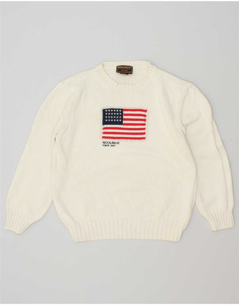 WOOLRICH Boys Graphic Crew Neck Jumper Sweater 11-12 Years Off White Vintage Woolrich and Second-Hand Woolrich from Messina Hembry 