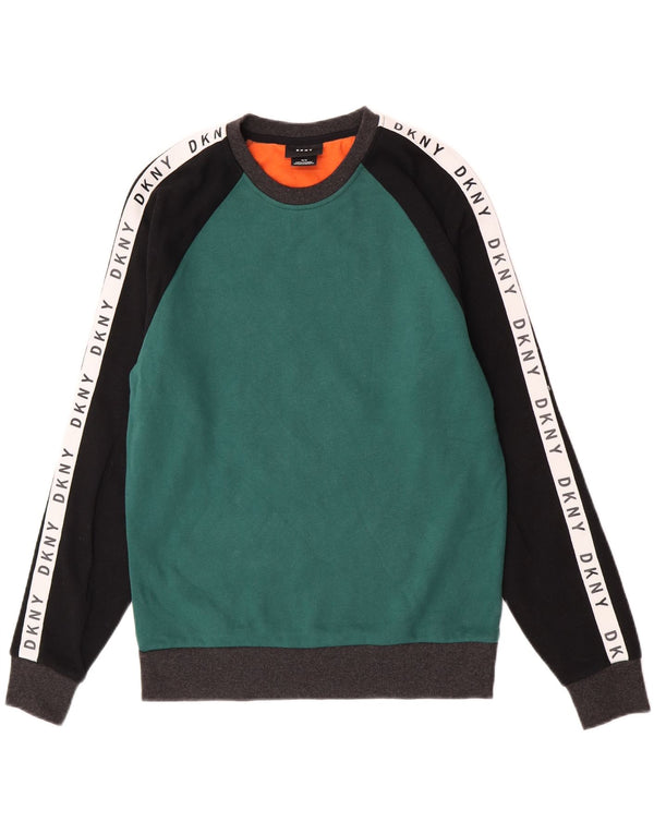 Dkny Womens Graphic Sweatshirt Jumper UK 14 Medium Green Colourblock Cotton