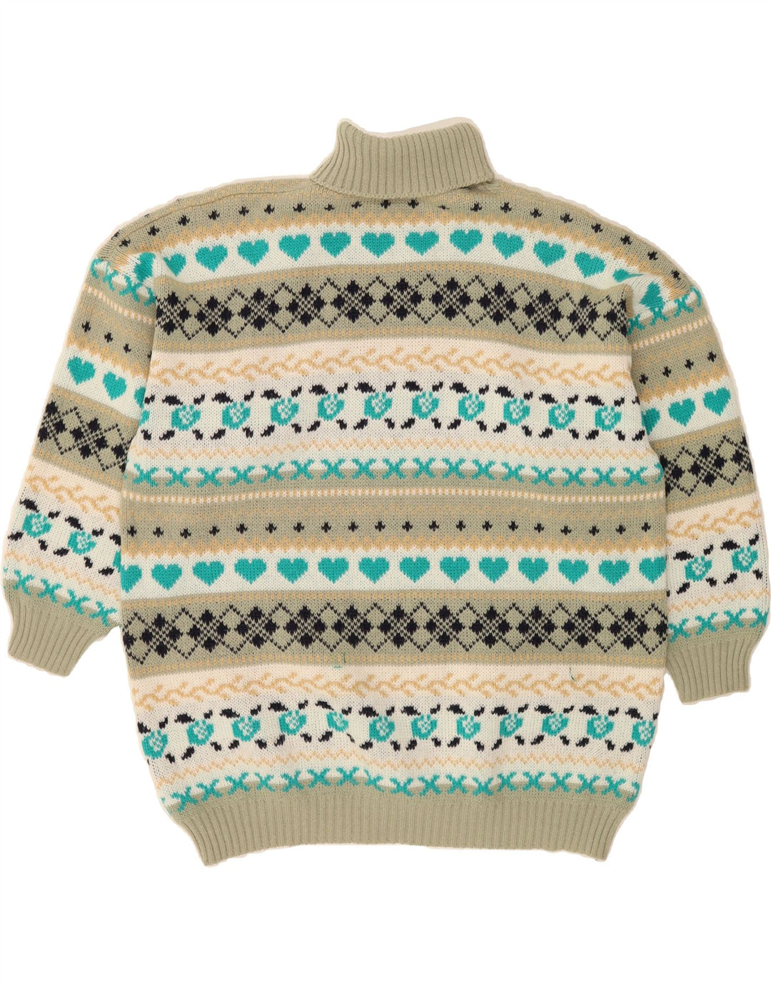 VINTAGE Mens Roll Neck Jumper Sweater Medium Green Fair Isle Vintage Vintage and Second-Hand Vintage from Messina Hembry 