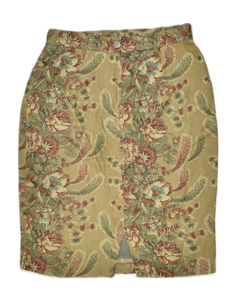 VINTAGE Womens Pencil Skirt IT 46 Large W30 Khaki Floral Linen | Vintage | Thrift | Second-Hand | Used Clothing | Messina Hembry 