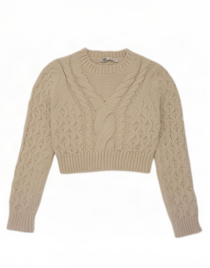 Zara Womens Crop Crew Neck Jumper Sweater UK 12 Medium Beige Polyester
