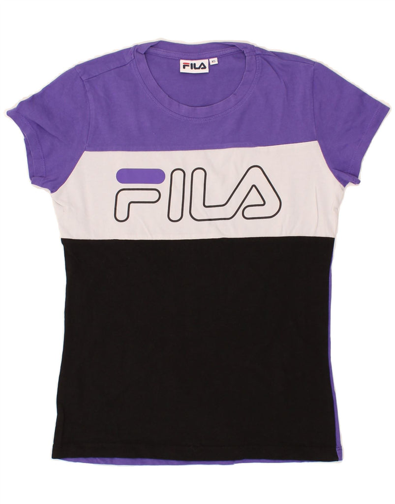 FILA Womens Graphic T-Shirt Top UK 6 XS Purple Colourblock | Vintage Fila | Thrift | Second-Hand Fila | Used Clothing | Messina Hembry 