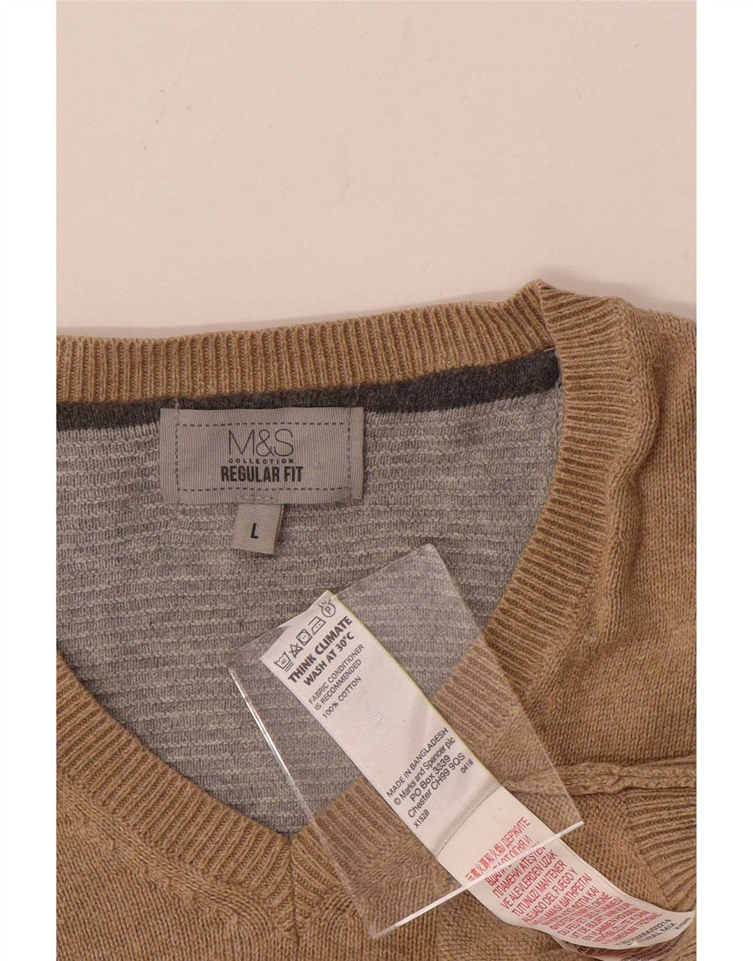Marks & Spencer Mens Regular Fit V-Neck Jumper Sweater Large Beige Cotton