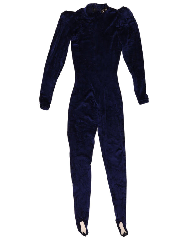 Vintage Womens Velour Stirrup Jumpsuit UK 6 XS Navy Blue Polyamide