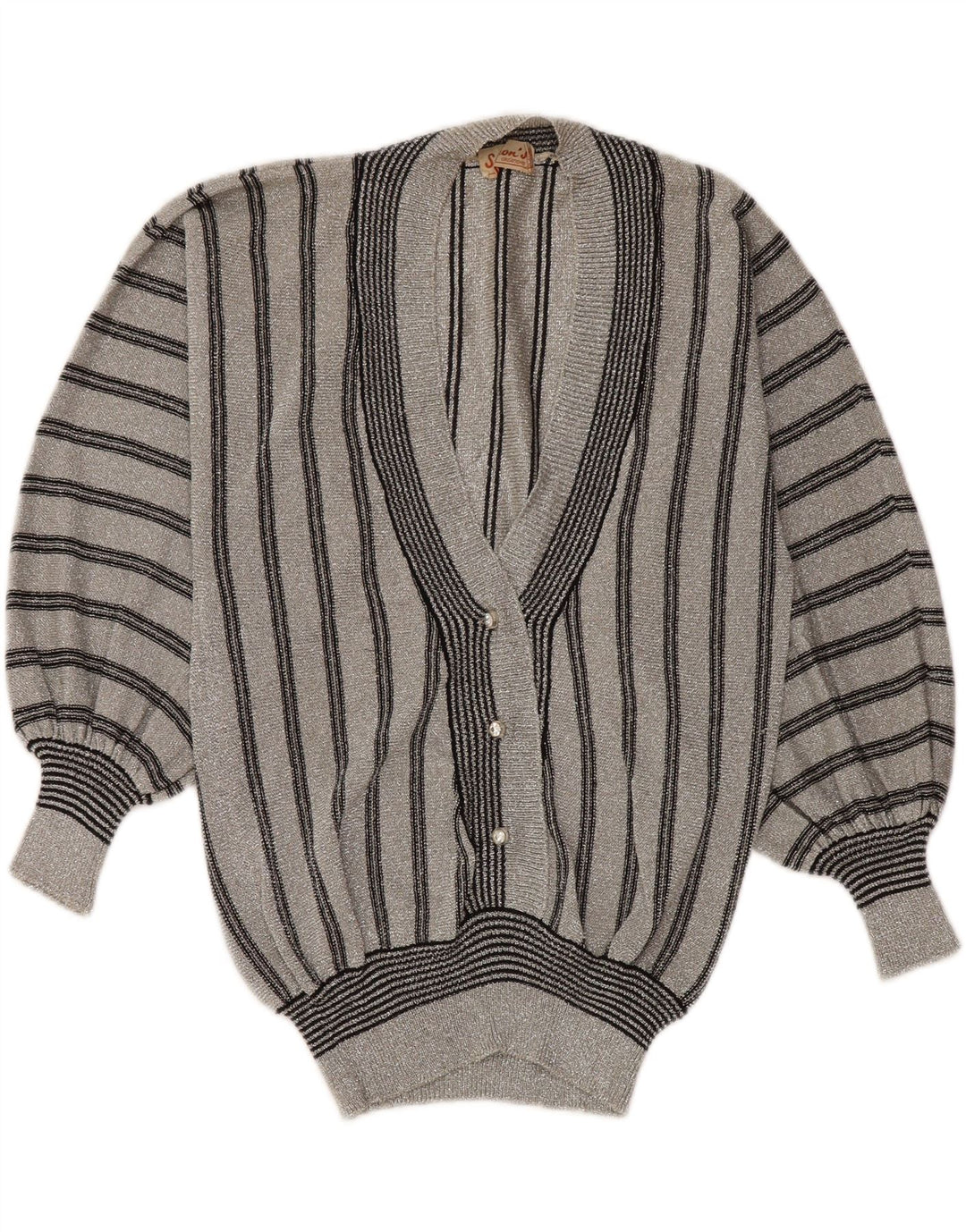 VINTAGE Womens V-Neck Jumper Sweater UK 12 Medium Grey Striped Synthetic