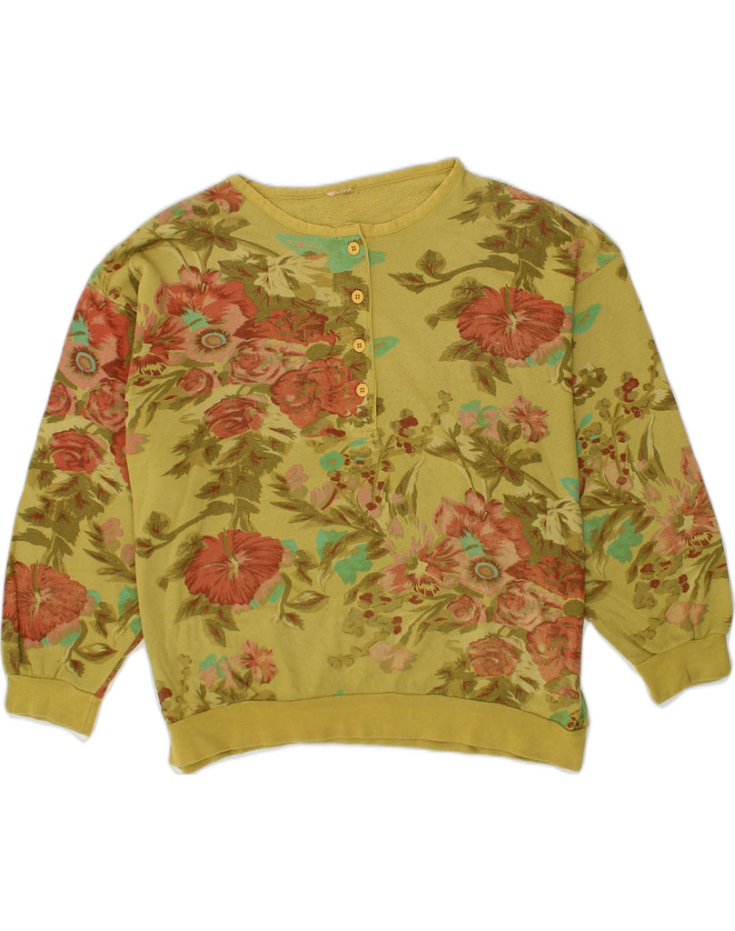 VINTAGE Womens Button Neck Sweatshirt Jumper UK 20 2XL Khaki Floral Cotton | Vintage Vintage | Thrift | Second-Hand Vintage | Used Clothing | Messina Hembry 