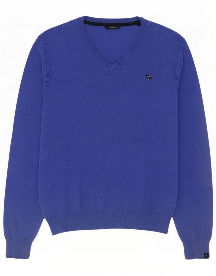 Guess Mens V-Neck Jumper Sweater Medium Blue Cotton