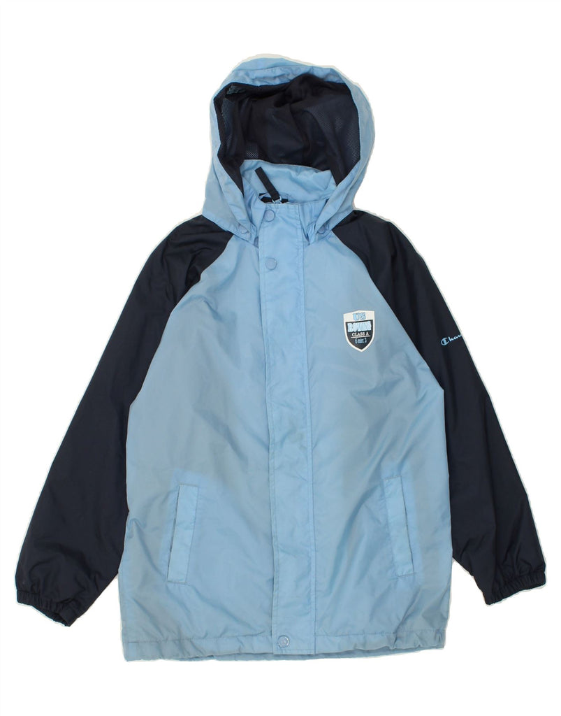 CHAMPION Boys Graphic Hooded Raincoat 9-10 Years Blue Colourblock | Vintage Champion | Thrift | Second-Hand Champion | Used Clothing | Messina Hembry 