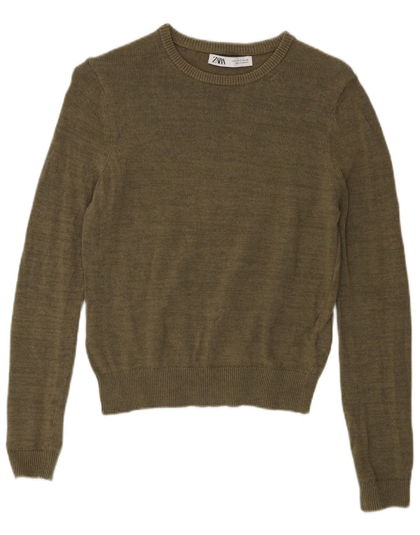 Zara Womens Boat Neck Jumper Sweater UK 10 Small Khaki Cotton
