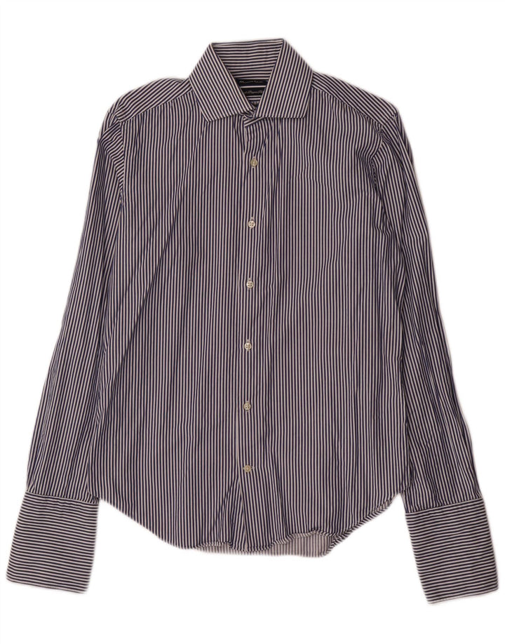 Massimo Dutti Mens Formal Shirt Size 39 15 1/2 Medium Navy Blue Striped