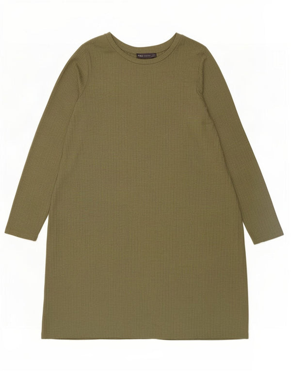 Marks & Spencer Womens Long Sleeve Shift Dress UK 14 Large Khaki Polyester