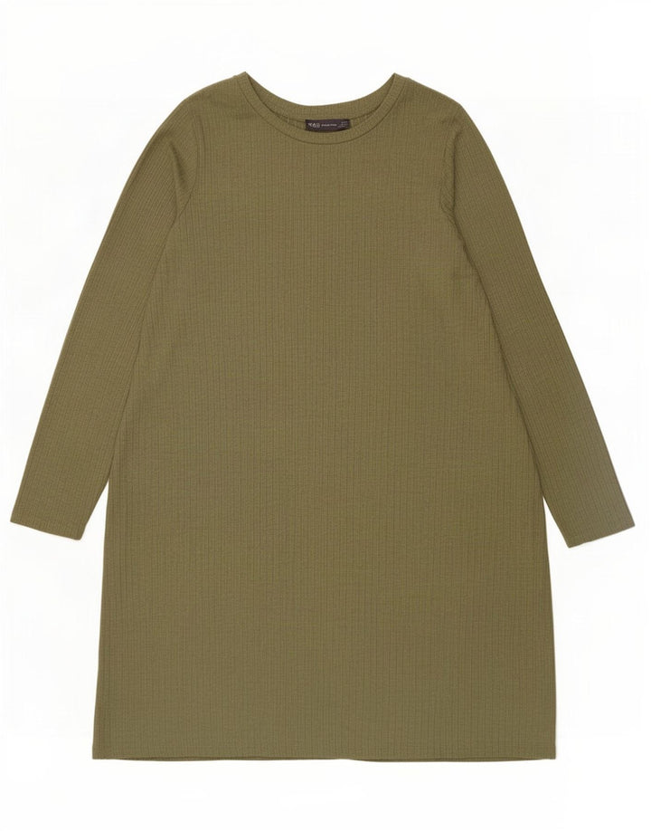 Marks & Spencer Womens Long Sleeve Shift Dress UK 14 Large Khaki Polyester