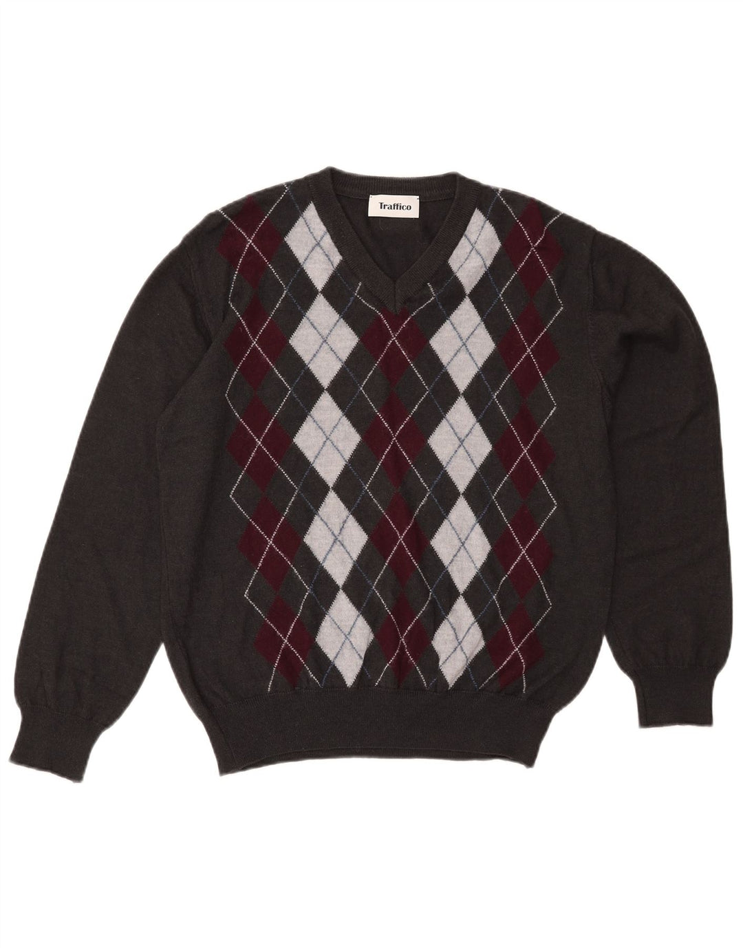 Vintage Mens V-Neck Jumper Sweater XL Grey Argyle/Diamond Wool