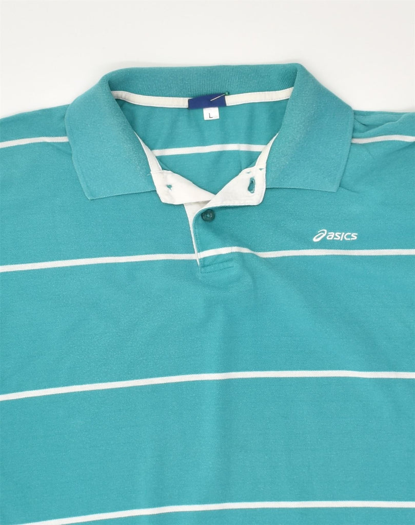 ASICS Mens Slim Polo Shirt Large Blue Striped Cotton | Vintage Asics | Thrift | Second-Hand Asics | Used Clothing | Messina Hembry 