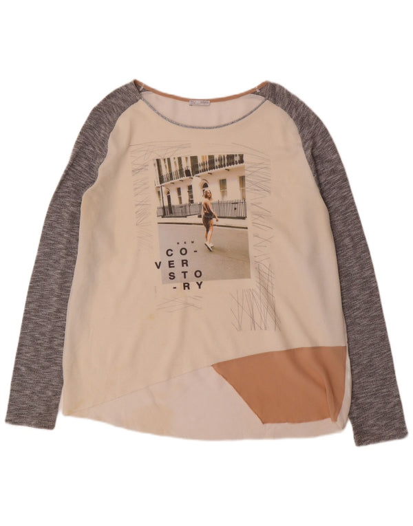 Zara Womens Graphic Top Long Sleeve UK 16 Large White Colourblock