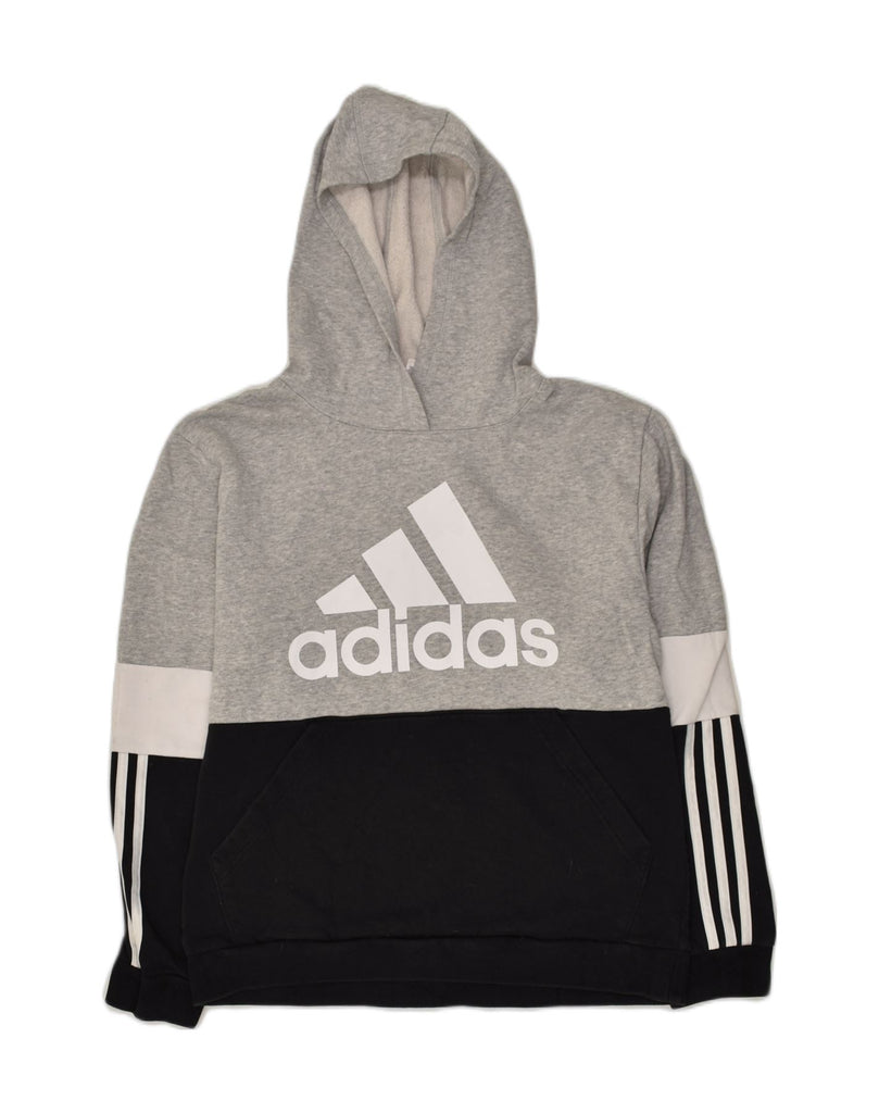 ADIDAS Boys Graphic Hoodie Jumper 15-16 Years XL Grey Colourblock Cotton | Vintage Adidas | Thrift | Second-Hand Adidas | Used Clothing | Messina Hembry 