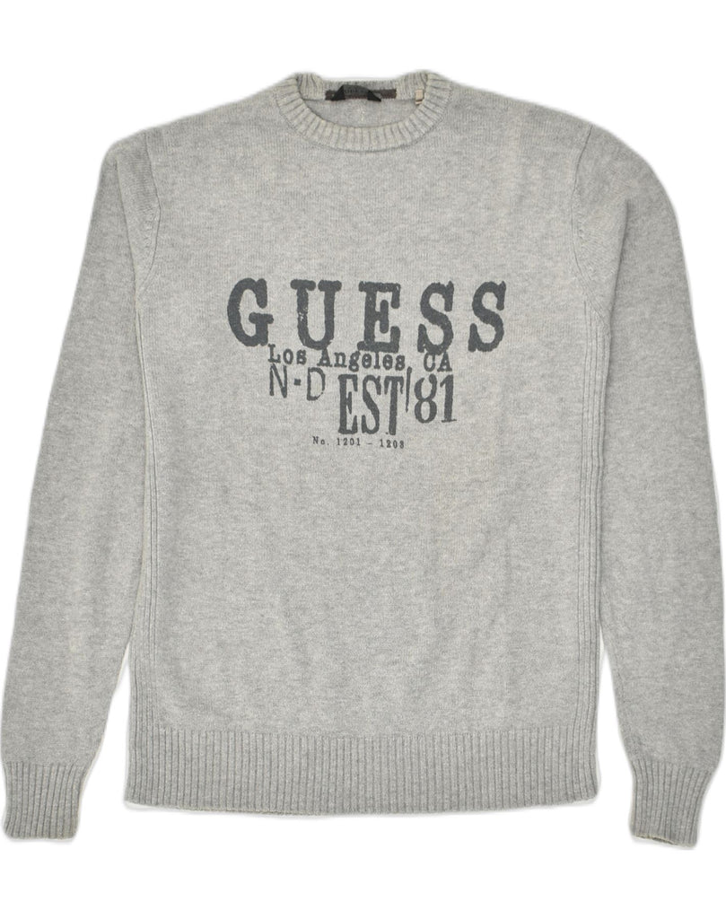 GUESS Mens Graphic Crew Neck Jumper Sweater Small Grey Cotton | Vintage Guess | Thrift | Second-Hand Guess | Used Clothing | Messina Hembry 