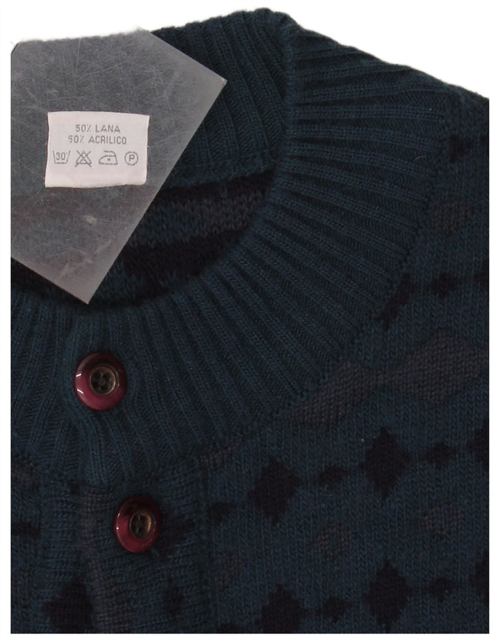 BERNARDINI Mens Cardigan Sweater Medium Blue Argyle/Diamond Wool