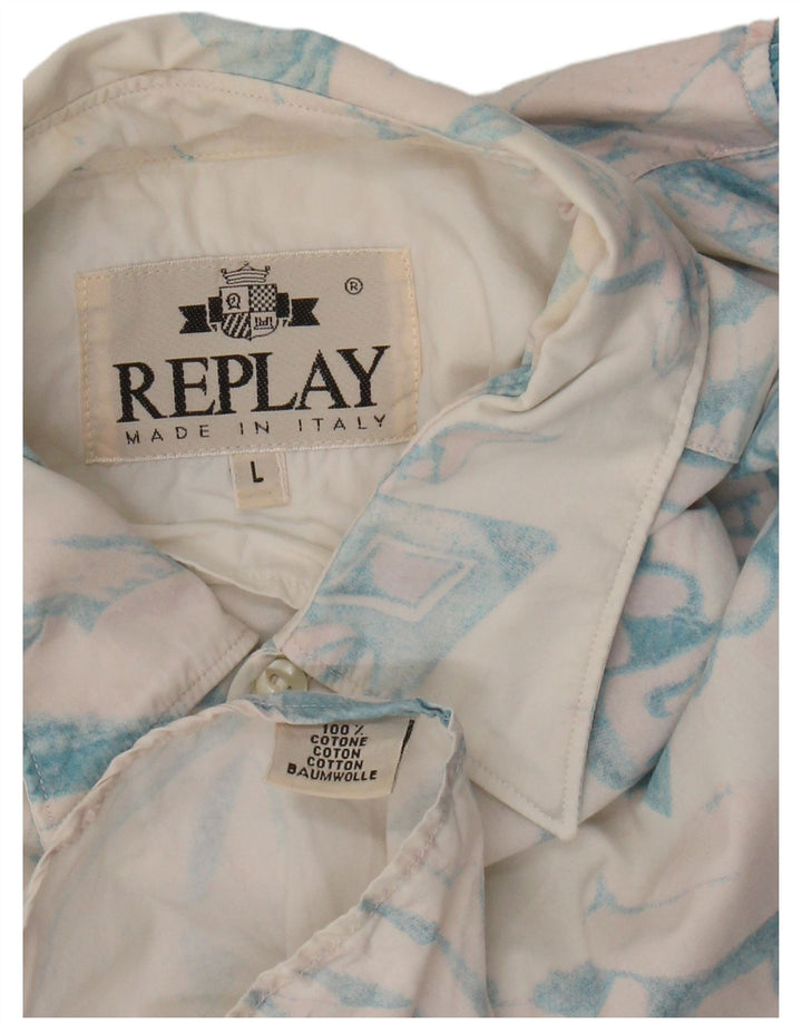 Replay Mens Abstract Pattern Shirt Large Off White Cotton