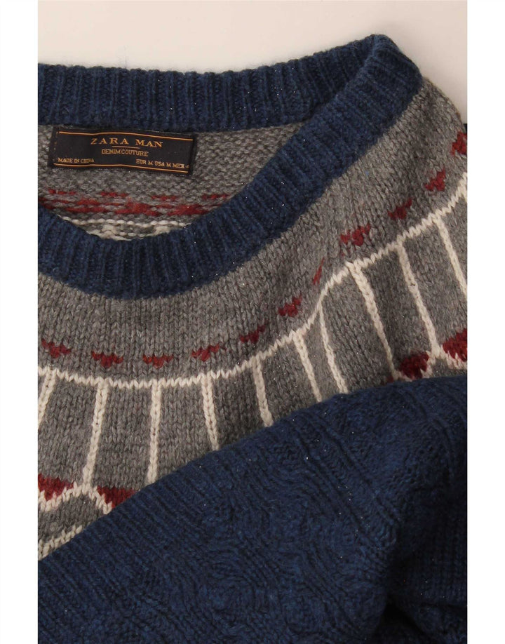Zara Mens Boat Neck Jumper Sweater Medium Navy Blue Fair Isle