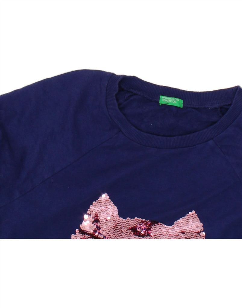 BENETTON Girls Graphic Sweatshirt Jumper 13-14 Years Navy Blue Cotton Vintage Benetton and Second-Hand Benetton from Messina Hembry 