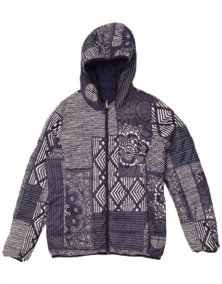 Champion Womens Hooded Padded Jacket IT 46 Large Navy Blue Patchwork