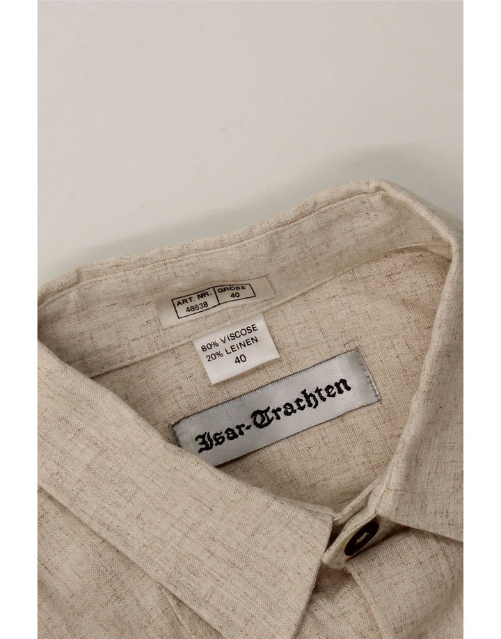 Isar Trachten Mens Graphic Shirt Size 40 Medium Beige Flecked Viscose