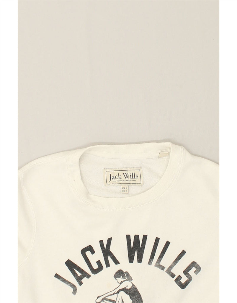 JACK WILLS Womens Graphic Sweatshirt Jumper UK 8 Small  White Cotton | Vintage Jack Wills | Thrift | Second-Hand Jack Wills | Used Clothing | Messina Hembry 