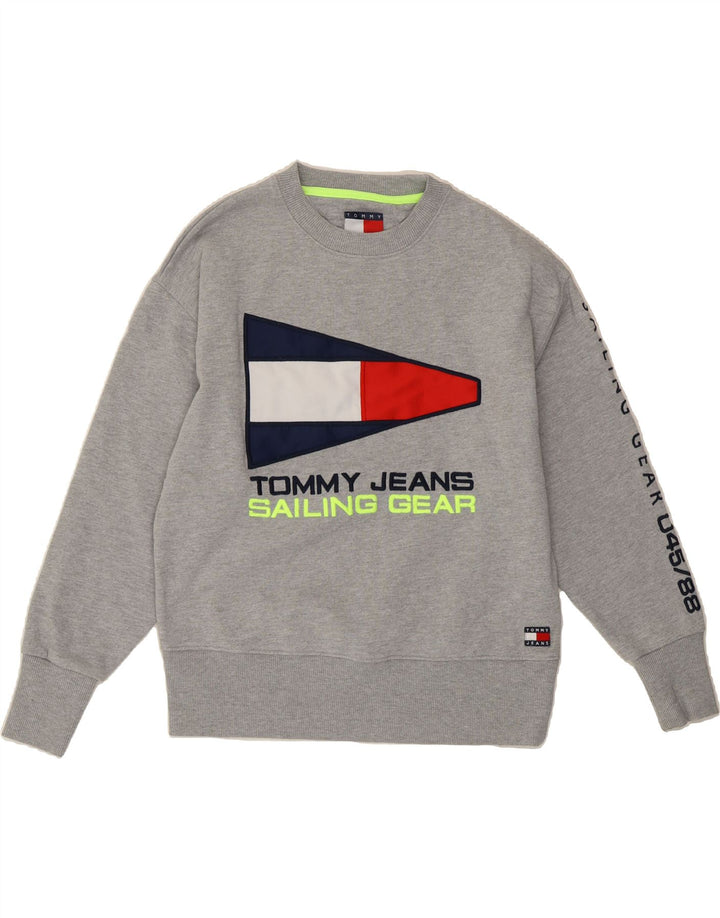 TOMMY HILFIGER Mens Graphic Sweatshirt Jumper Small Grey Cotton Vintage Tommy Hilfiger and Second-Hand Tommy Hilfiger from Messina Hembry 