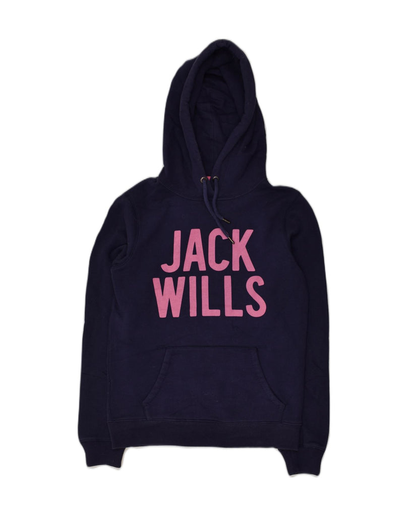 JACK WILLS Womens Graphic Hoodie Jumper UK 10 Small Navy Blue Cotton | Vintage Jack Wills | Thrift | Second-Hand Jack Wills | Used Clothing | Messina Hembry 