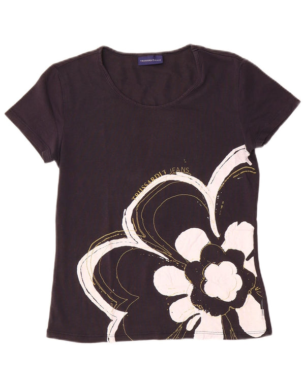 Trussardi Jeans Womens Graphic T-Shirt Top UK 12 Medium Navy Blue Floral