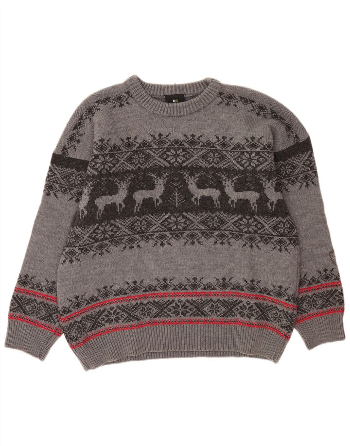 Hot Stuff Mens Crew Neck Jumper Sweater Large Grey Fair Isle Wool