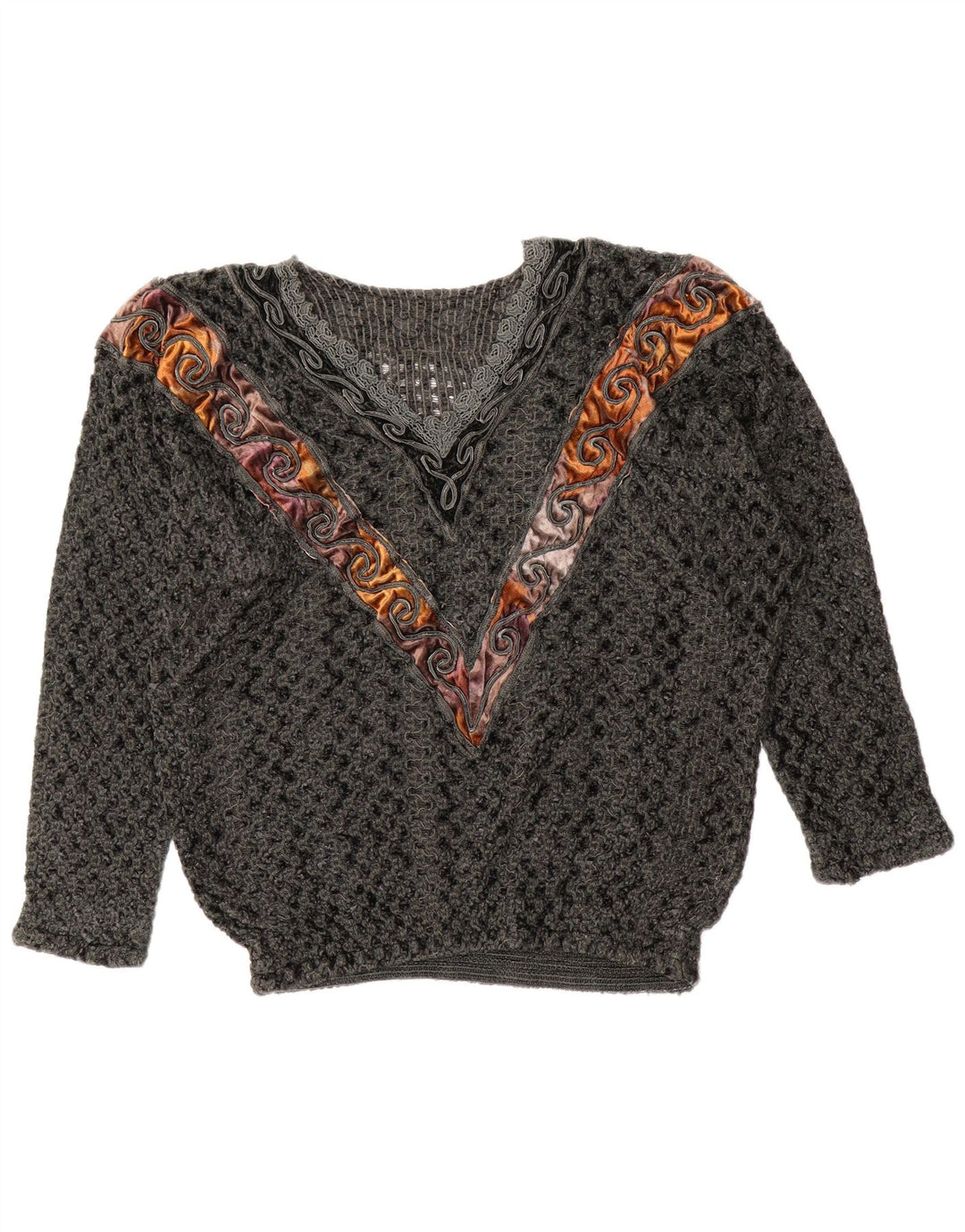 Vintage Womens V-Neck Jumper Sweater UK 14 Large Grey Colourblock